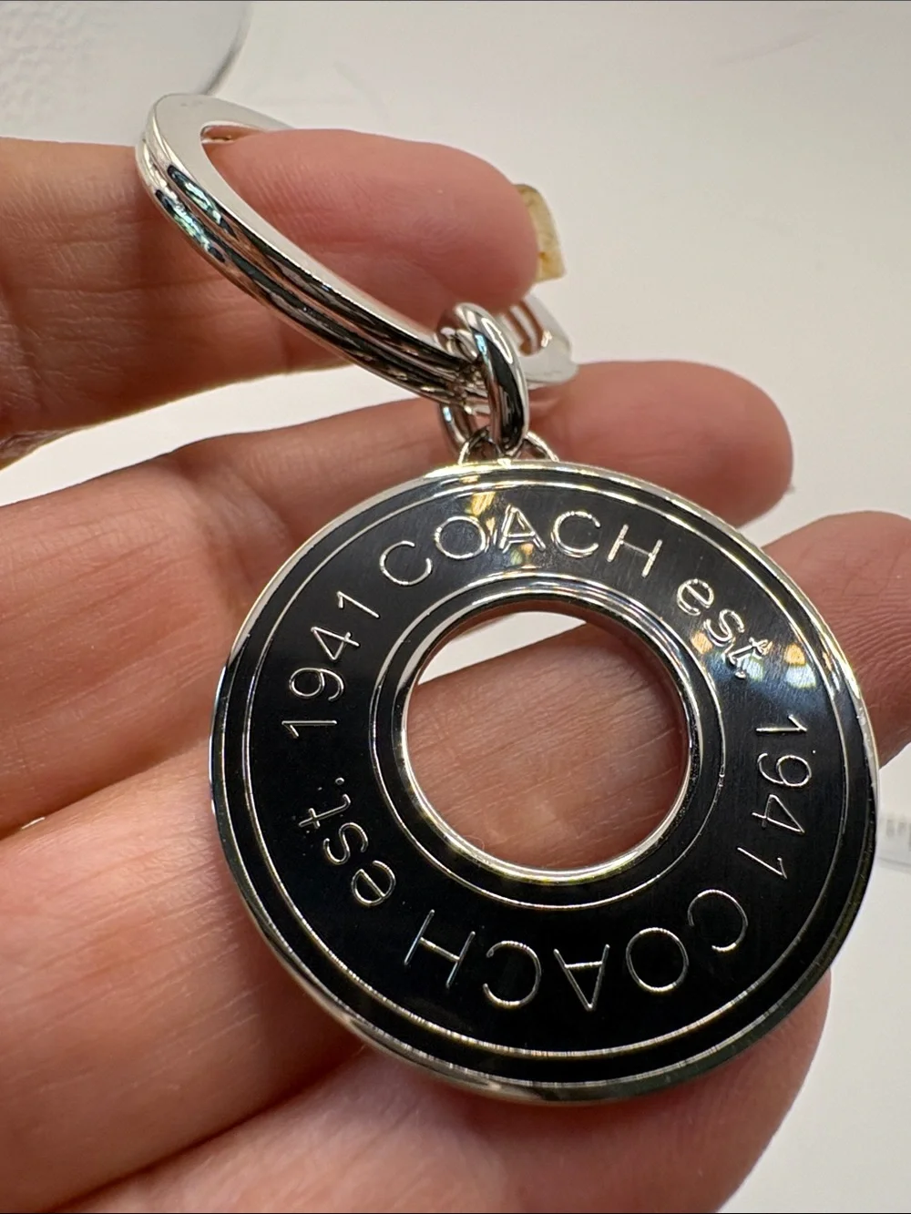 Coach Silver and Black Round Logo Key Ring